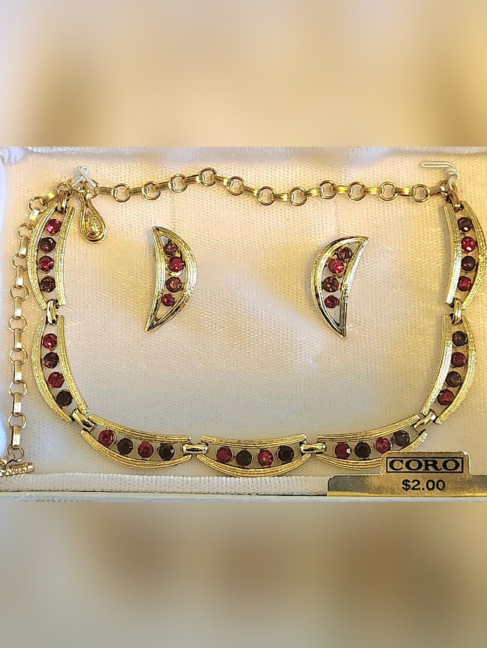 Vintage Coro Red Rhinestone Choker Necklace & Earrings In Original Box - Picture 1 of 4